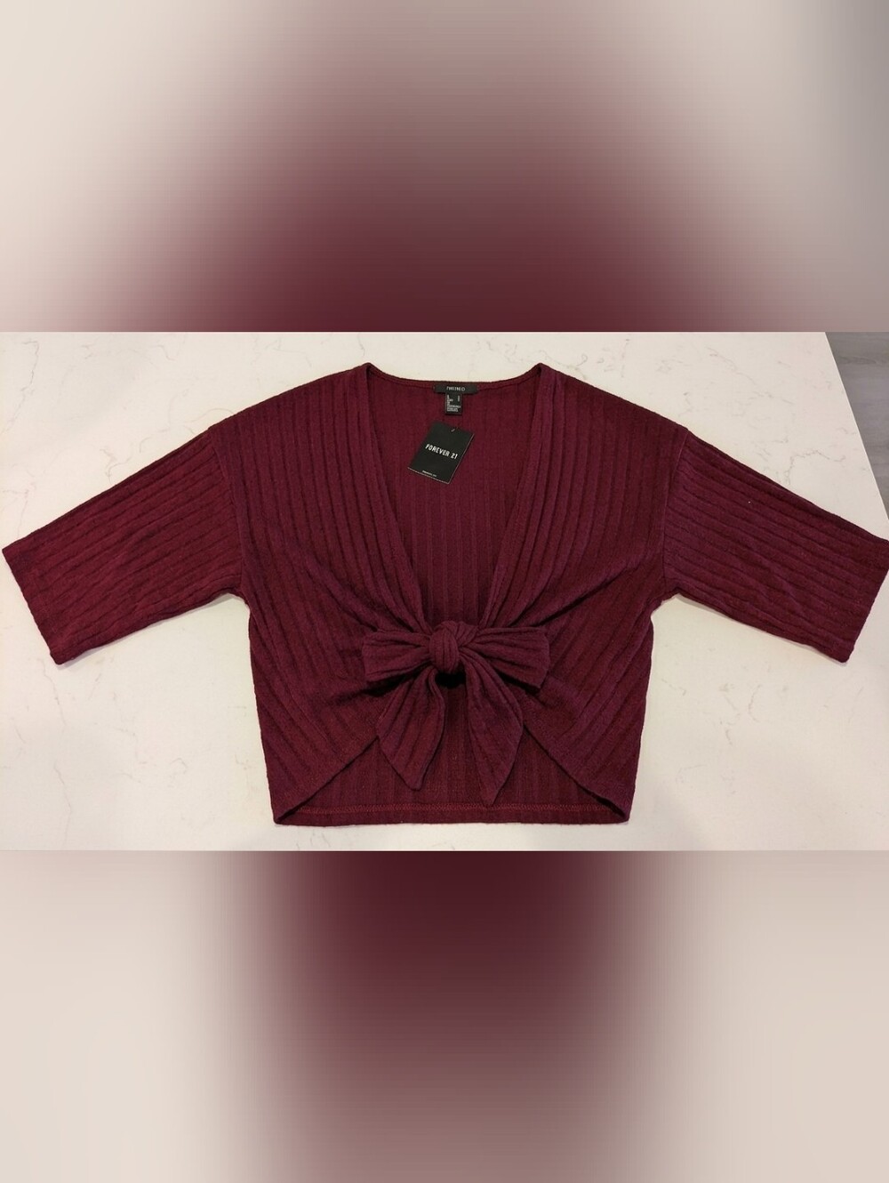 Forever 21 Wine Rib-Knit V-Neck Sweater with Front Knot